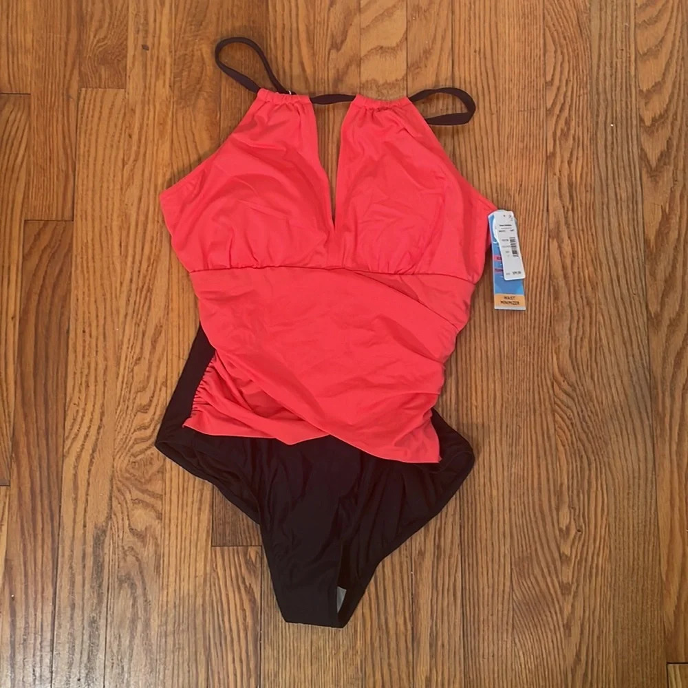 Swim Solutions Coral High‎ Neck Tummy Control One Piece Swimsuit 16 NWT - Picture 3 of 8